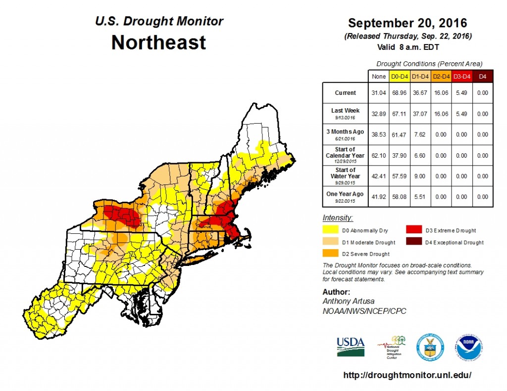 Latest drought update that shows more than two-thirds of the Northeast experiencing some form of drought. Image provided by the National Drought Monitor