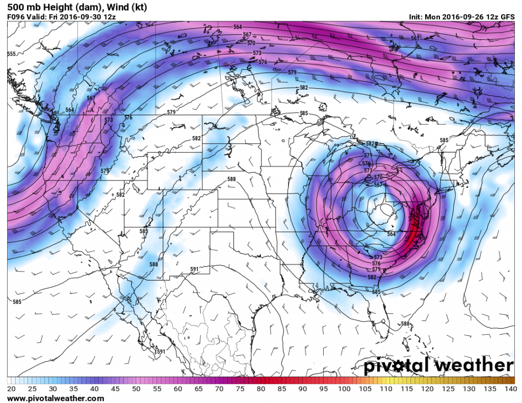 GFS forecast showing an upper-level low pressure area sitting over the Appalachians Friday morning. Image provided by Pivotal Weather.