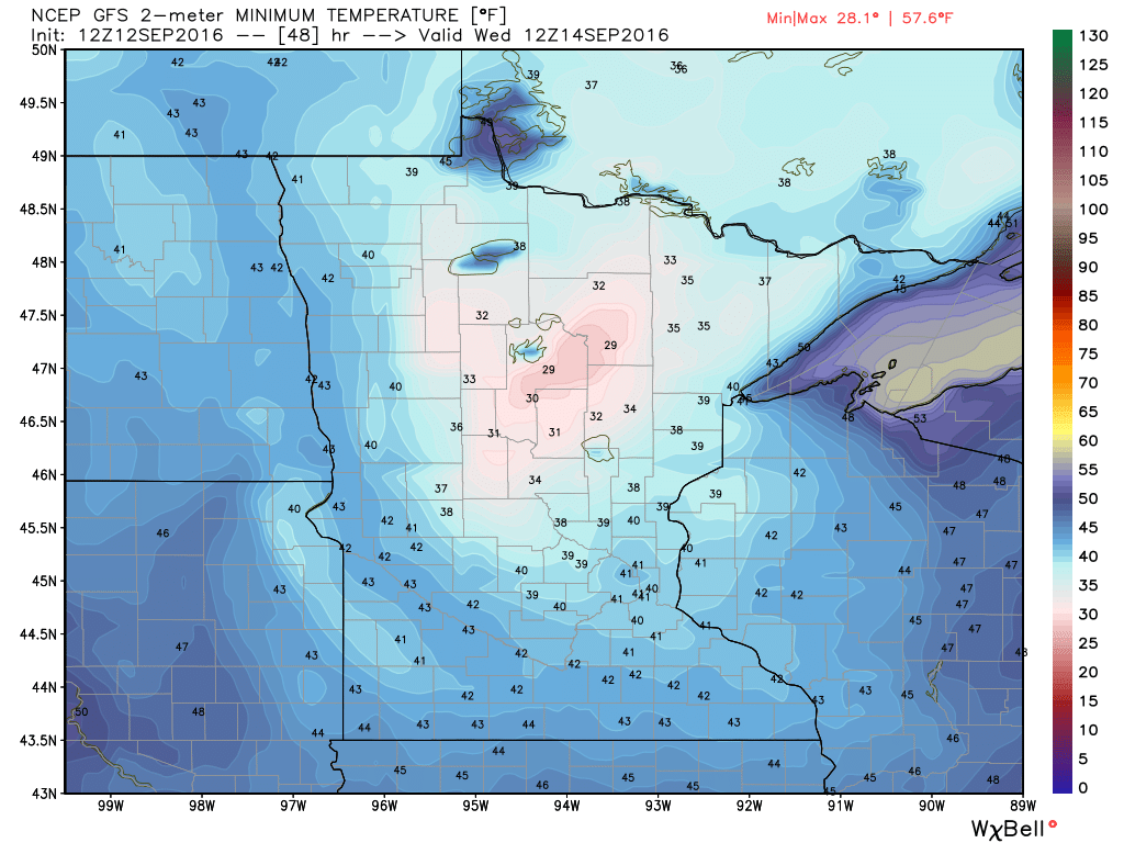GFS model forecast for low temperatures across Minnesota Wednesday morning. Image provided by WeatherBell.