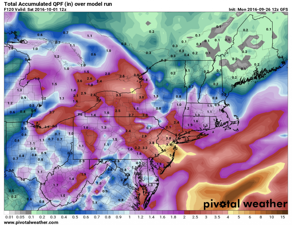 GFS model forecast for rainfall through Saturday morning. Image provided by Pivotal Weather.