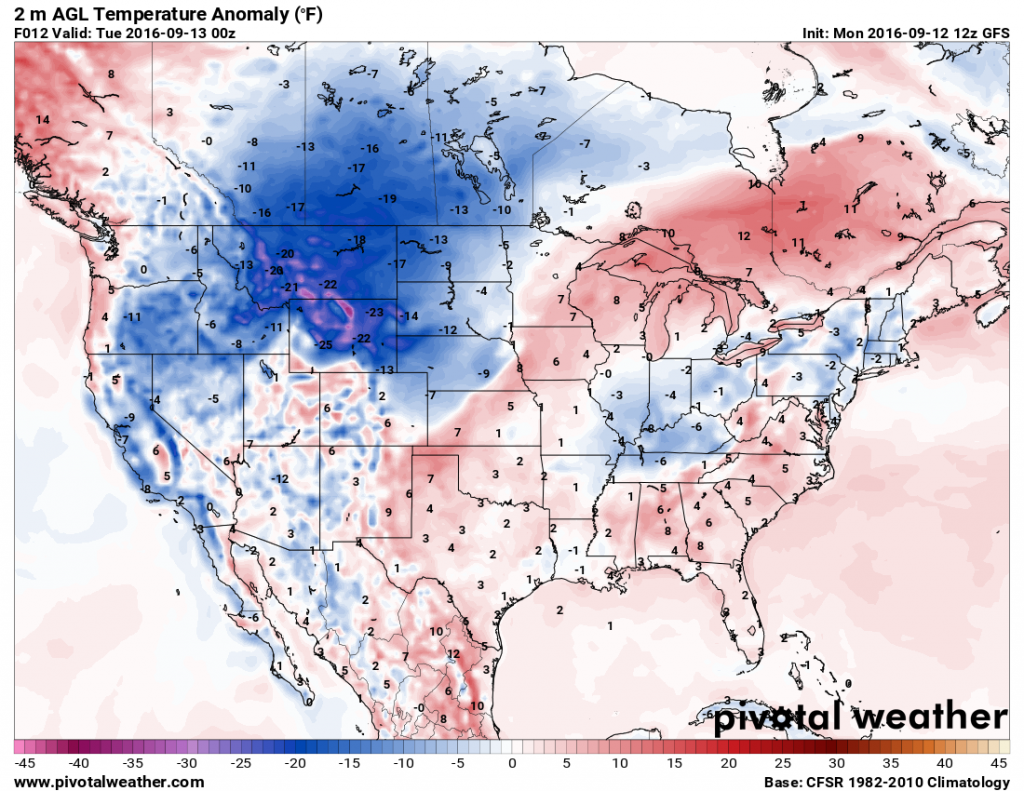 Temperatures will be 15 to 25 degrees below normal across the Northern Rockies and Northern Plains today behind a cold front. Image provided by Pivotal Weather.