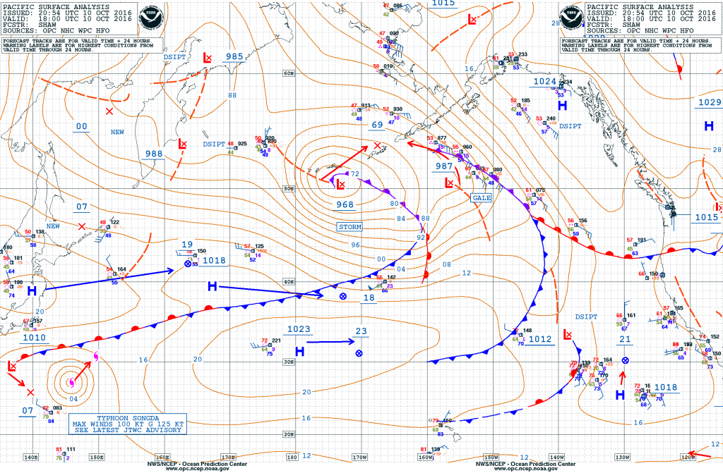 Surface analysis across the Pacific Ocean from Monday afternoon October 10. Image provided by NOAA.