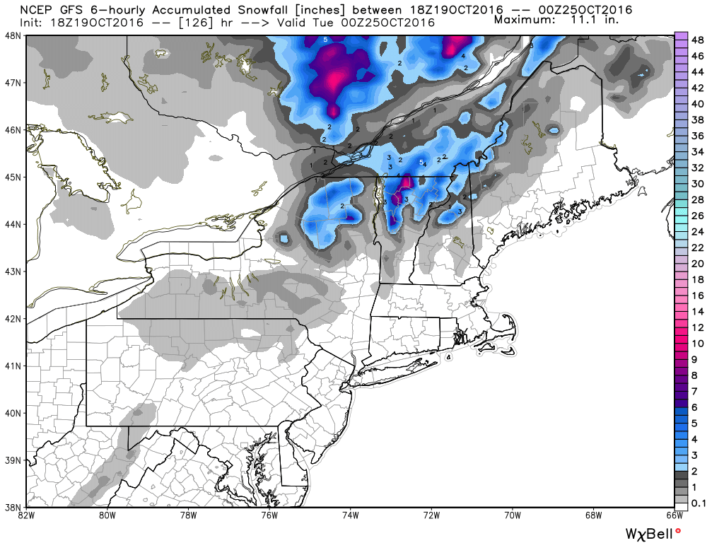 Expected snowfall through Monday evening across the Northeast. Image provided by WeatherBell.