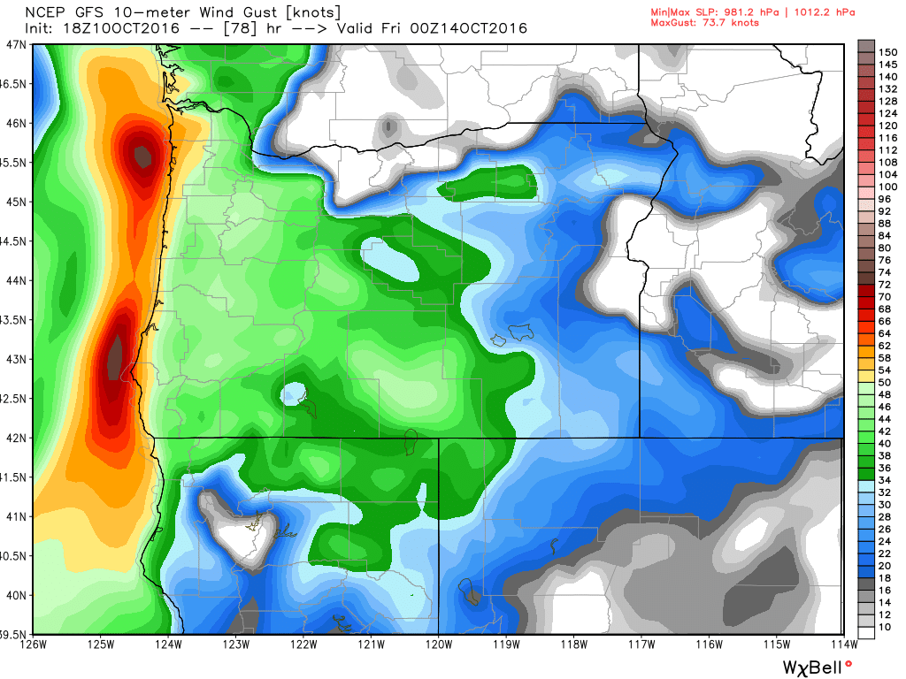 GFS model forecast for peak wind gusts along the coast of Oregon Thursday afternoon. Image provided by WeatherBell.