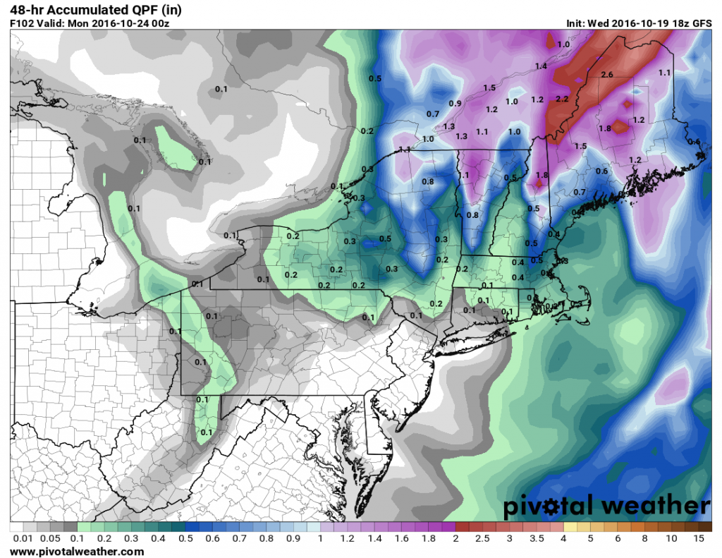 Expected rainfall between Friday evening and Sunday evening across the Northeast. Image provided by Pivotal Weather.