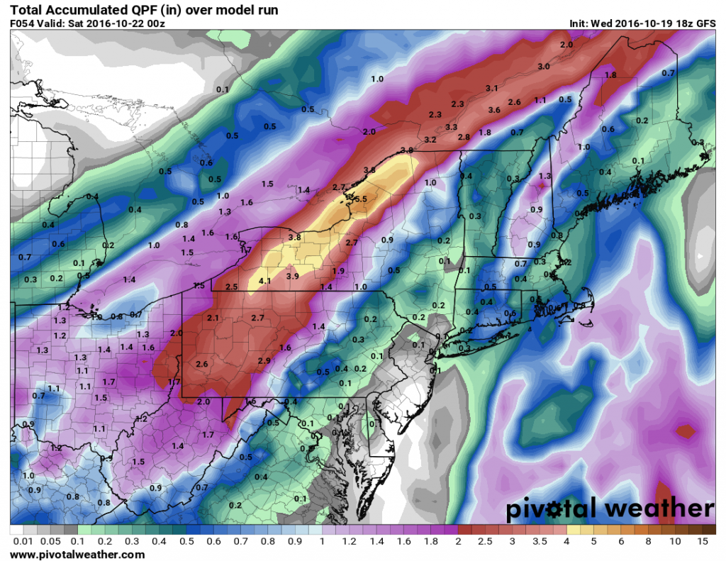 Expected rainfall through Friday evening across the Northeast. Image provided by Pivotal Weather.