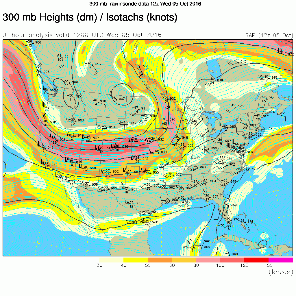 Upper-air analysis for 300mb (approximately 30,000 feet) from 8am on October 5. Image provided by the National Center for Atmospheric Research.