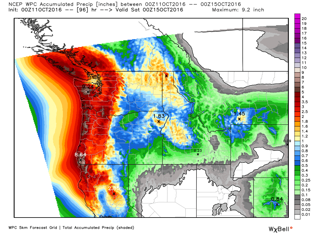 Expected rainfall across the Pacific Northwest through Friday evening. Image provided by WeatherBell.