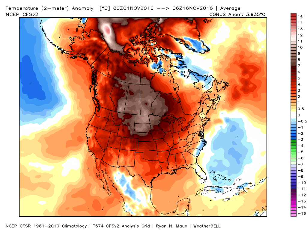 Temperatures have been as much as 10-15 degrees above normal this month across the Northern Plains. Image provided by WeatherBell.