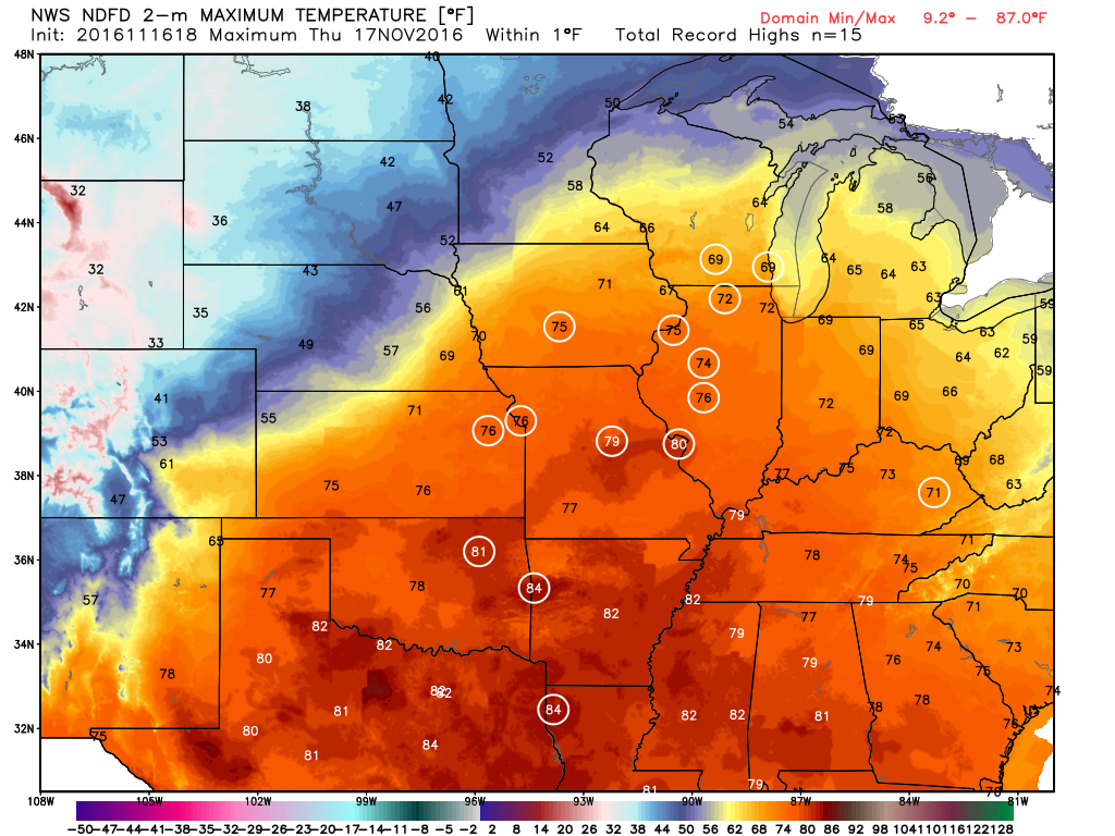 Numerous record high temperatures are expected on Thursday across the Mississippi Valley. Image provided by WeatherBell.