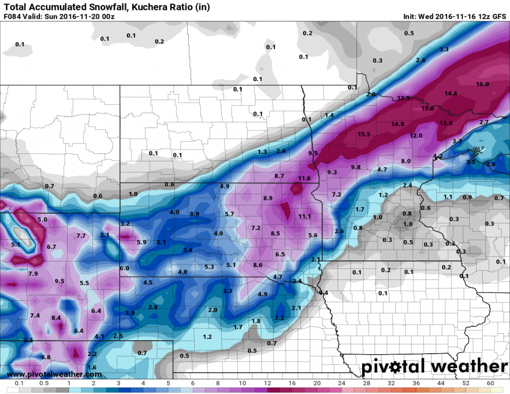 Snowfall forecast through Saturday evening from the GFS model. Image provided by Pivotal Weather.