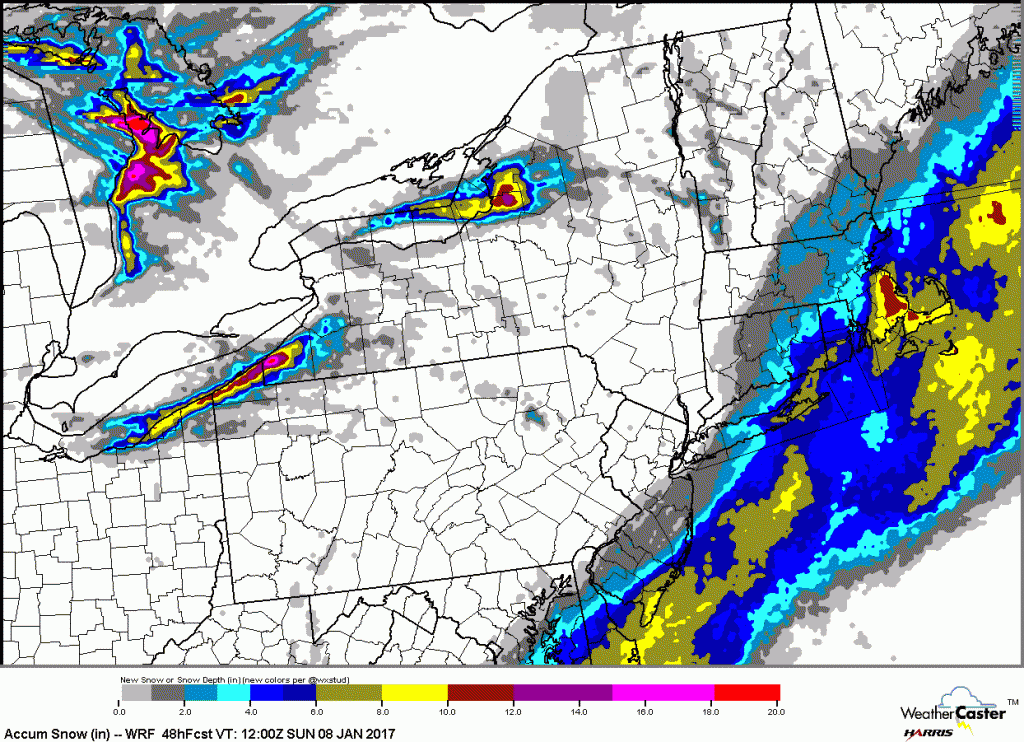 NAM Model forecast for snowfall through Sunday evening. Image provided by Earl Barker’s Weather Models.