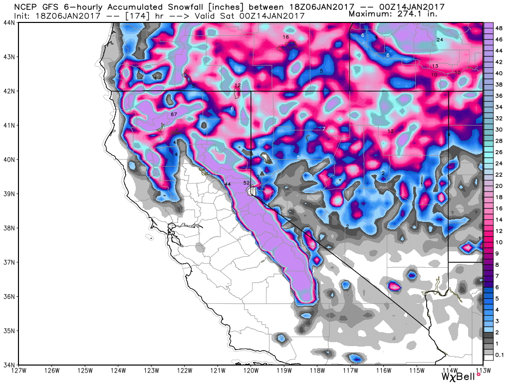 GFS Model forecast for snowfall through next Friday evening. Image provided by WeatherBell.