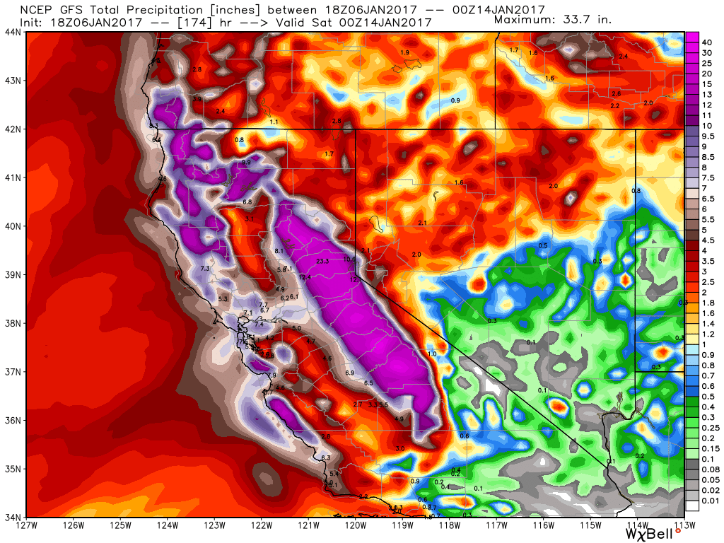GFS Model forecast for rainfall through next Friday evening. Image provided by WeatherBell.