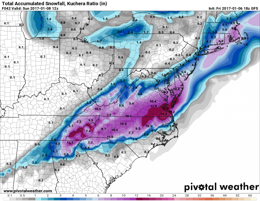 GFS model forecast for snow across parts of the Southeast and Mid-Atlantic states through Sunday morning. Image provided by Pivotal Weather.