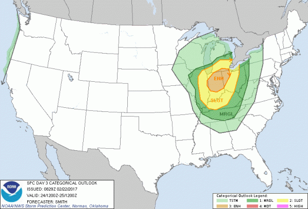 The Storm Prediction Center has already highlighted the Midwest as an area to watch for severe weather on Friday. Image provided by NOAA.