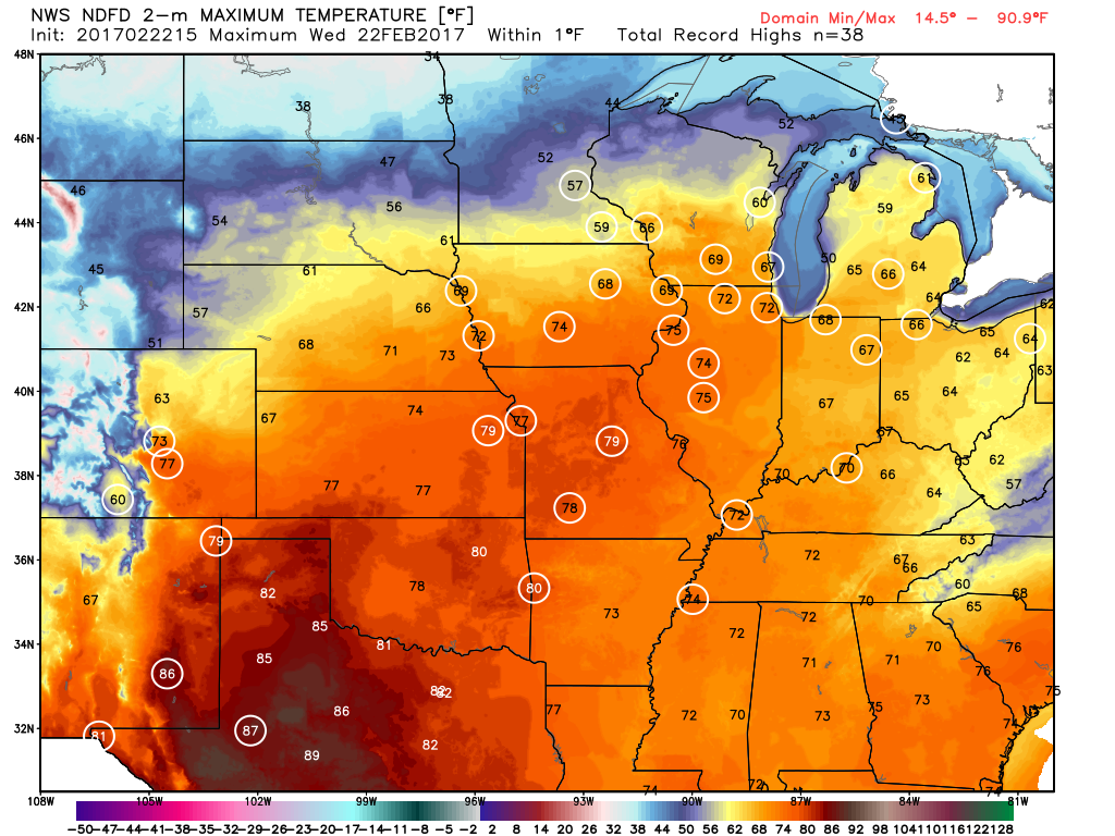 Numerous record highs are expected across the Plains and Midwest for one more day. Image provided by WeatherBell.