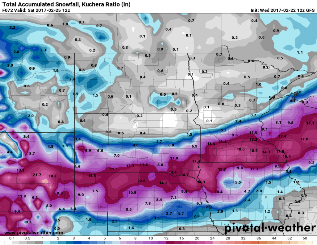 More than a foot of snow may fall in a swath from the Plains into the Upper Midwest. Image provided by Pivotal Weather.