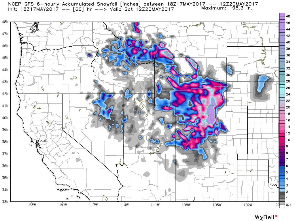 GFS model snowfall forecast through Saturday morning for the Rockies. Image provided by WeatherBell.