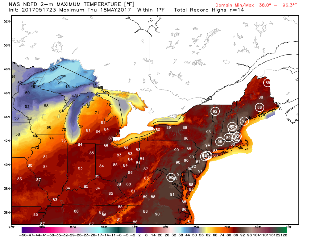 Record high temperatures are expected to be broken across the Northeast on Thursday. Image provided by WeatherBell.