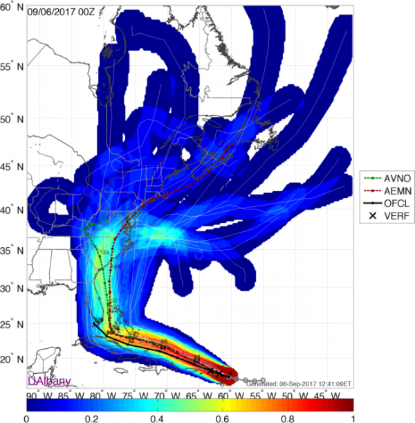 Track forecasts from the various members of the GFS Ensemble. Image provided by the University at Albany.