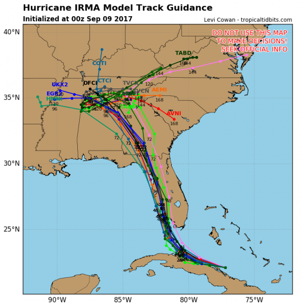 Computer model forecasts for the track of Irma. Image provided by Tropical Tidbits.