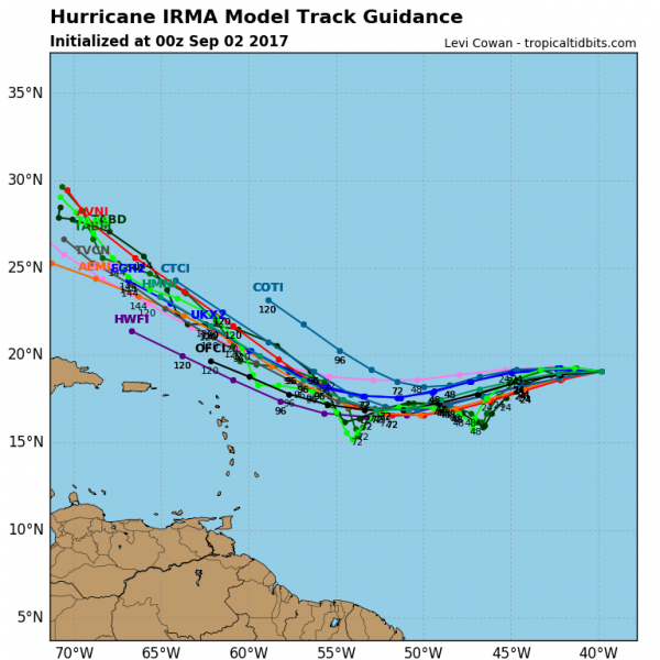 Model forecast tracks for Hurricane Irma. Image provided by Tropical Tidbits.