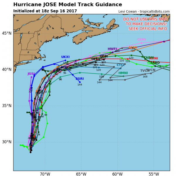 Model forecast for the track of Hurricane Jose. Image provided by TropicalTidbits.