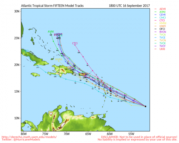Model forecasts for the track of Tropical Storm Maria. Image provided by the University of Wisconsin-Madison.