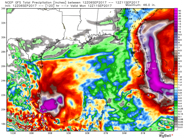 Rainfall forecast for the next 5 days from the GFS model. Image provided by WeatherBell.