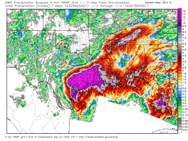 Estimated rainfall between 6am CDT august 25 and 6am CDT September 1. Image provided by WeatherBell.