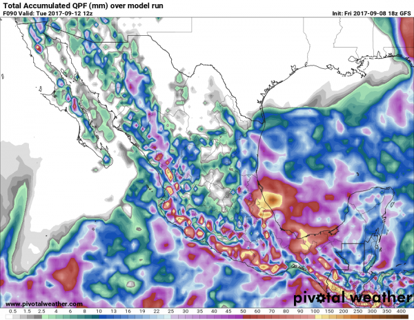 GFS model forecast for rainfall across Mexico over the next 4 days. Image provided by Pivotal Weather.